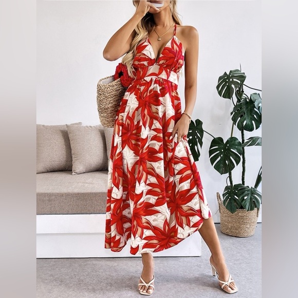 ❤️ Crisscross Back Printed Midi Dress with Cutout Detail - Red - Picture 5 of 8